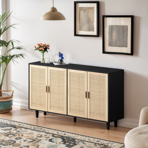 English Elm 62.20"Elegant 4-Door Rattan Storage Cabinet with Solid Wood Legs, Spacious Shelves & Easy Assembly Black W757P190068