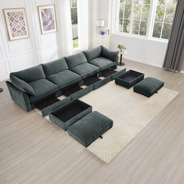 English Elm U Shape Modular 4-Seater Sofa Couch With Movable Ottomans & Storage Drawers For Modern Living Rooms W3041S00201-GIGA