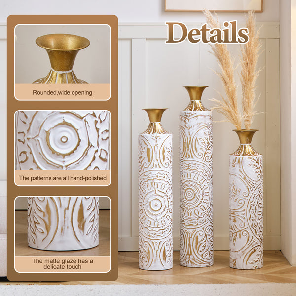 English Elm Floor Metal Vases Set Of 3 - Modern White & Gold Decorative Vases For Home Décor, 24In To 33.5In W2796P237518
