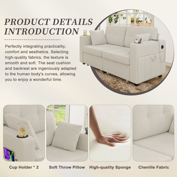 English Elm Sofas for Living Room Chenille Three Seat Couch with Usb Charging Storage and Cup Holder Beige W395S00142