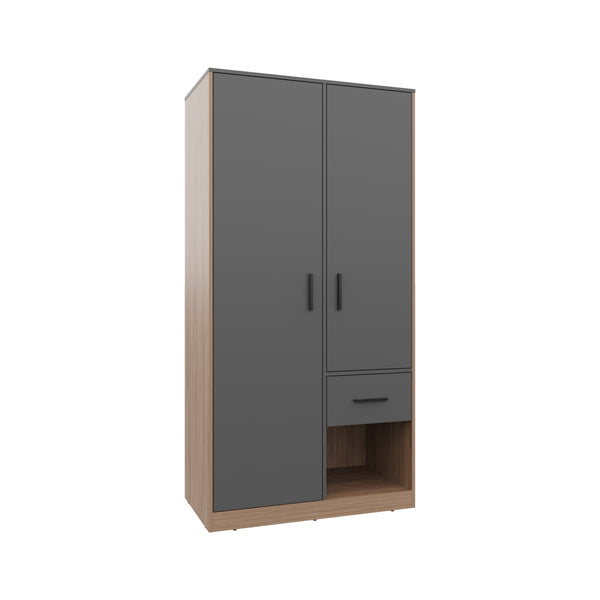 English Elm Alder Matte Gray & Natural Oak 2-Door 1-Drawer Armoire with 2 Rods, 4 Shelves, Spacious Storage B200S00416