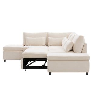 English Elm [video]107'' Chenille Sleeper Sectional with Usb Charging Storage Ottoman and Adjustable Armrest Beige N723S8782A
