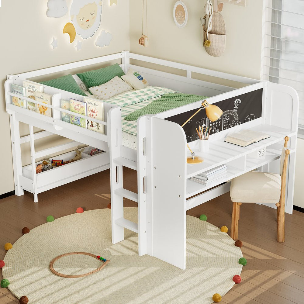 English Elm Twin Low Loft Bed Solid Pine Frame Kids Study Desk Blackboard Storage White Light White W1580S00299