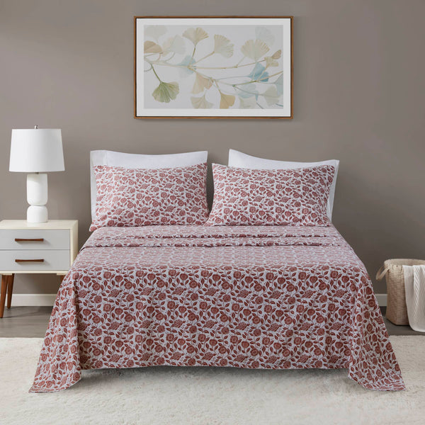 English Elm 4 Pcs King Sheet Set - Cozy Rust Floral Design, Soft 100% Cotton Flannel For Ultimate Comfort B035P319680