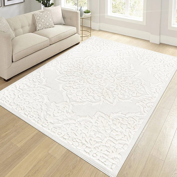 English Elm Step Collection Cream Medallion Geometric Rug High-low Pile Polypropylene 9x12 B189P448820