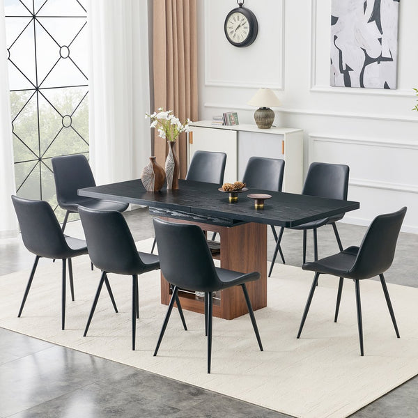 English Elm Scalable Extendable Dining Set with Wood Grain Table and Gray Linen Chairs 8 Piece Walnut+Black W1151S04701