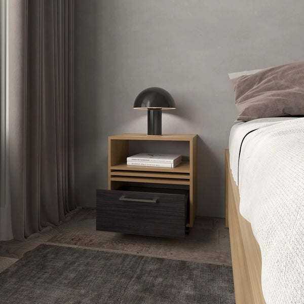 English Elm Natural Oak Warm Nightstand with Drawer, Open Shelf & Smooth Casters for Mobile Elegant Storage B062P290236