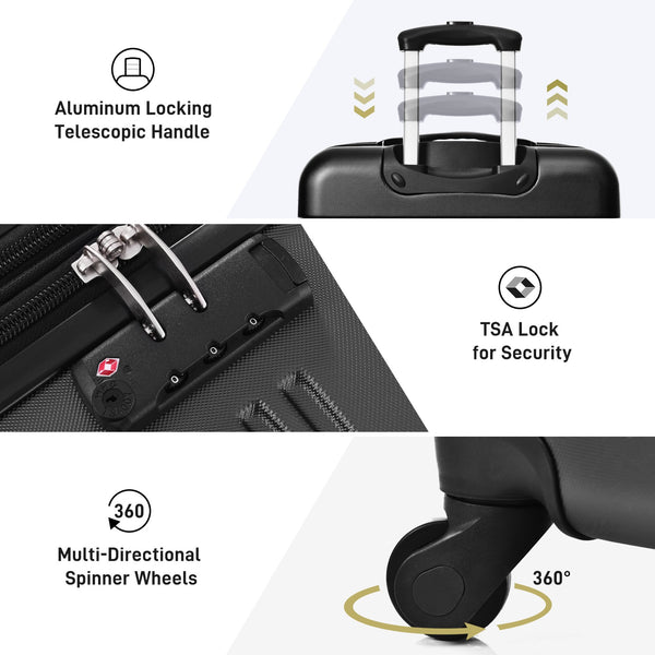 English Elm 3 Piece Abs Hardshell Spinner Luggage Set with Tsa Lock Expandable Travel Suitcases Black PP191030AAB