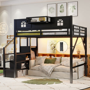 English Elm Full Size Steel Loft Bed with Staircase Storage Wardrobe Desk and Led Lighting Black W2593S00055