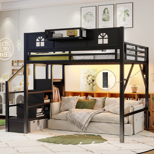 English Elm Full Size Steel Loft Bed with Staircase Storage Wardrobe Desk and Led Lighting Black W2593S00055