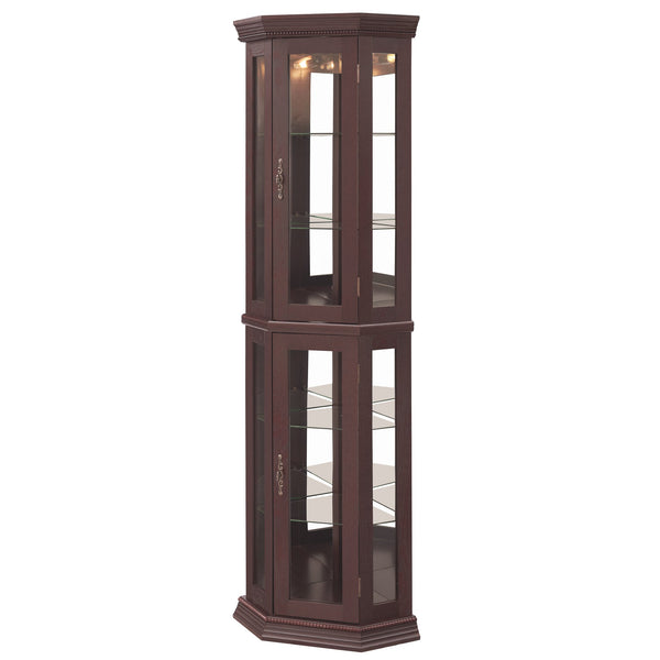 English Elm Lighted Corner Curio Cabinet - Elegant Glass Display With Adjustable Shelves & Ambient Lighting - Dark Cherry W1758P300130