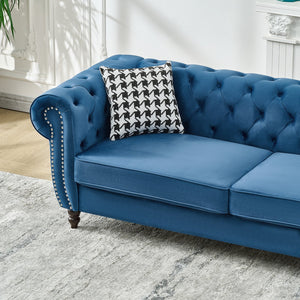 English Elm 87"Chesterfield Velvet Upholstery Sofa with Roll Armrests & Nailhead Trim, 3-Seater Luxurious Midcentury Design Blue W3373S00048