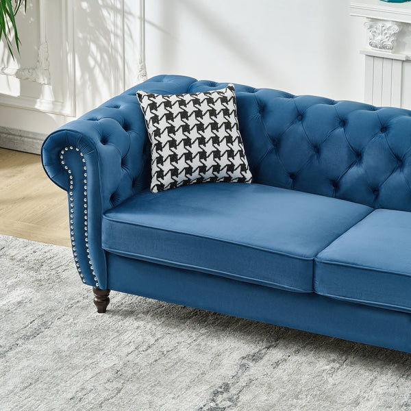 English Elm 85"chesterfield Velvet Sofa Tufted Roll Arms Nailhead Trim Mid-century 3 Seat Blue W3373S00069