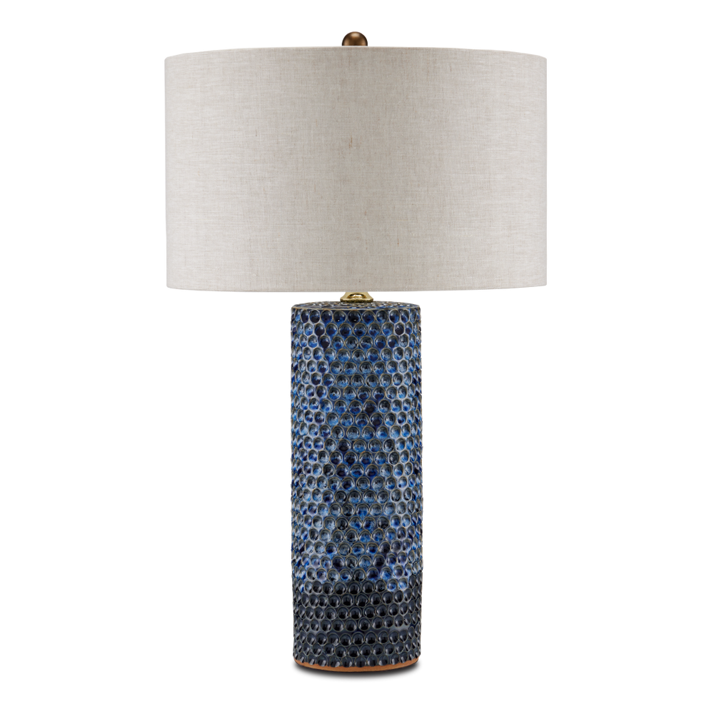 Polka Dot Blue Table Lamp - Modern Ceramic Design with Natural Linen Shade and Reactive Glaze Finish