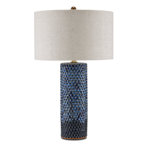 Polka Dot Blue Table Lamp - Modern Ceramic Design with Natural Linen Shade and Reactive Glaze Finish