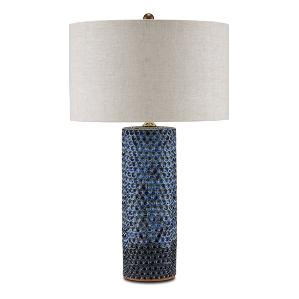 Polka Dot Blue Table Lamp - Modern Ceramic Design with Natural Linen Shade and Reactive Glaze Finish