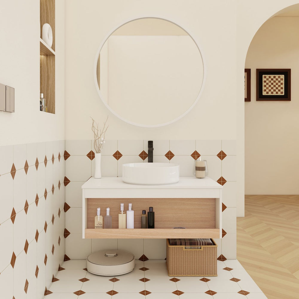 English Elm 36" Floating Bathroom Vanity Light Oak Modular Cabinet with Gel Coat Integrated Sink W3450S00061