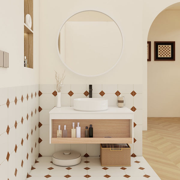 English Elm 36" Floating Bathroom Vanity Light Oak Modular Cabinet with Gel Coat Integrated Sink W3450S00061
