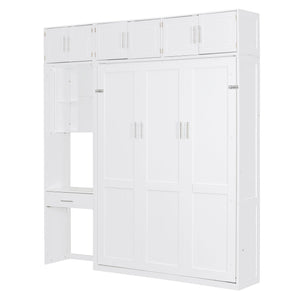 English Elm Full Size Murphy Wall Bed with Fold Away Desk Cabinet and Shelves for Small Spaces N708S00020K-1