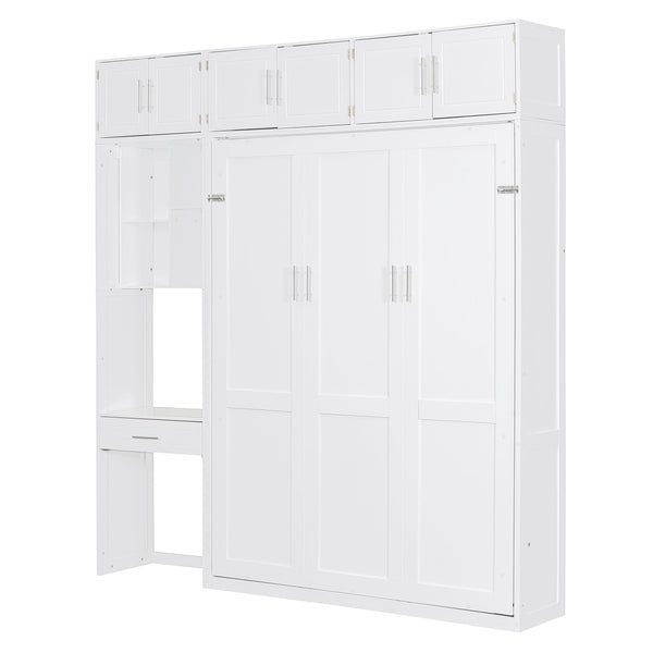 English Elm Full Size Murphy Wall Bed with Fold Away Desk Cabinet and Shelves for Small Spaces N708S00020K-1
