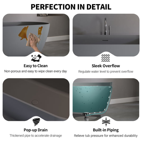 English Elm 63" Stone Resin Freestanding Soaking Tub Matte Sculpted Surface for Spa Bathroom W1920P410083