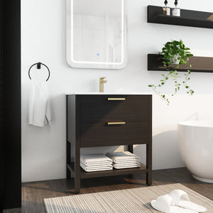 English Elm 30 inch Freestanding Bathroom Vanity with Ceramic Sink, 2 Soft-Close Drawers, Golden Metal Handles, Sturdy Legs, Easy Install — Durable Storage & Elegant Finish W999S00121