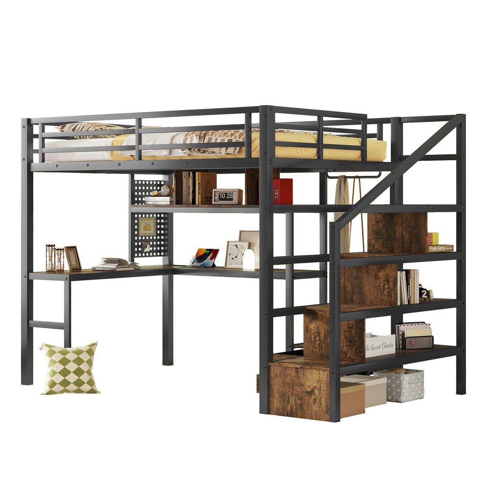 English Elm Full Size Loft Bed With Desk, Wardrobe & Led Light – Space-Saving Metal Design For Kids' Rooms! W2593S00019
