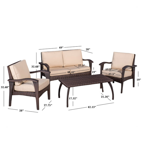 English Elm Christopher Knight Home® - HONOLULU Stylish 4PC PE Wicker Patio Set with Durable Iron Frame, Waterproof Cushions, Compact Lounge Brown+Tan 52917.00IRN
