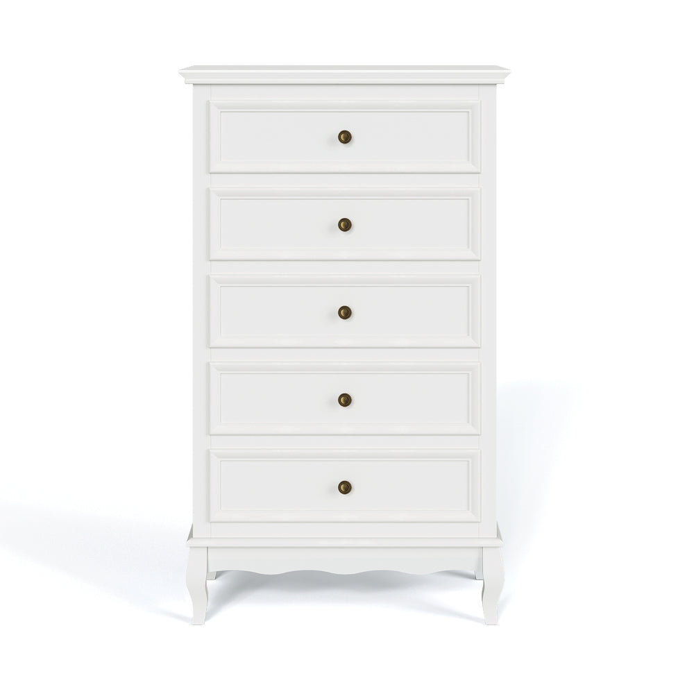 English Elm 5 Drawer Modern Dresser with Tapered Wood Legs Fluted Panels and Painted White Finish B082P232950