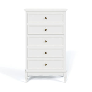 English Elm 5 Drawer Modern Dresser with Tapered Wood Legs Fluted Panels and Painted White Finish B082P232950