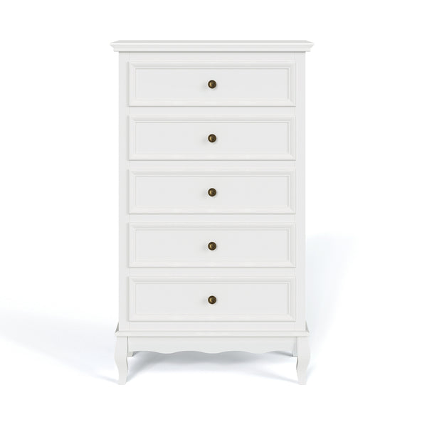 English Elm 5 Drawer Modern Dresser with Tapered Wood Legs Fluted Panels and Painted White Finish B082P232950