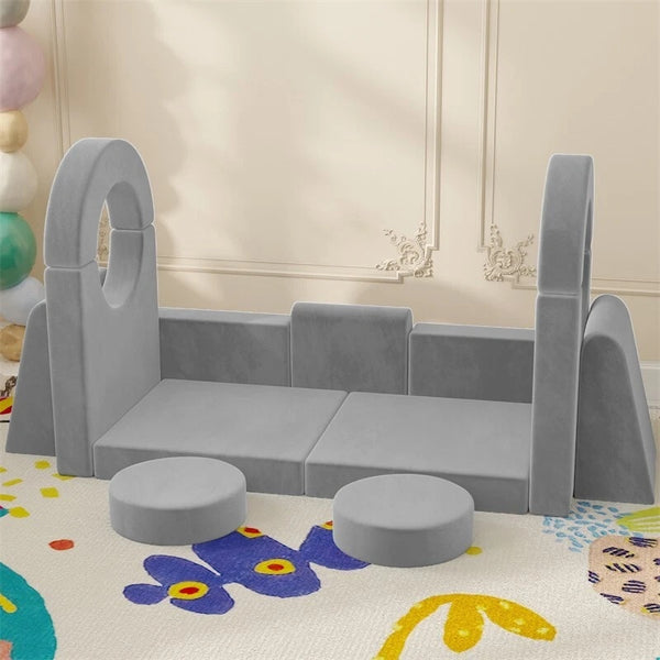 English Elm 13 Piece Modular Foam Play Couch Velvet Sectional for Creative Kids Playroom Light Gray T5880P493408