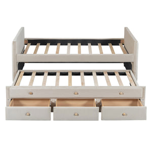 English Elm Twin Upholstered Daybed with Pull-Out Trundle and 3 Drawers, Velvet Finish, Solid Frame, Slat Kit Included Beige SF000147AAA