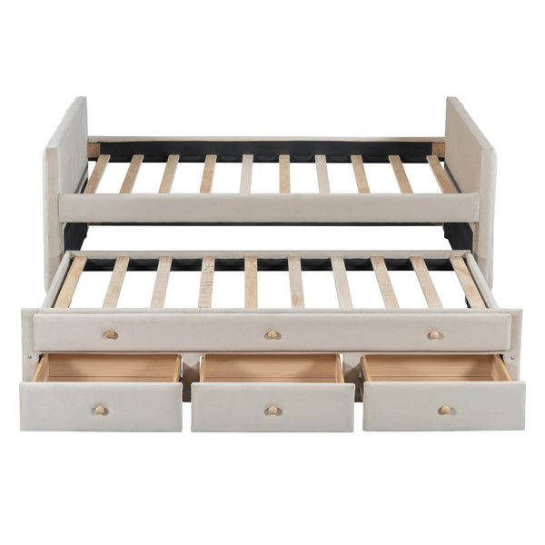 English Elm Twin Upholstered Daybed with Pull-Out Trundle and 3 Drawers, Velvet Finish, Solid Frame, Slat Kit Included Beige SF000147AAA