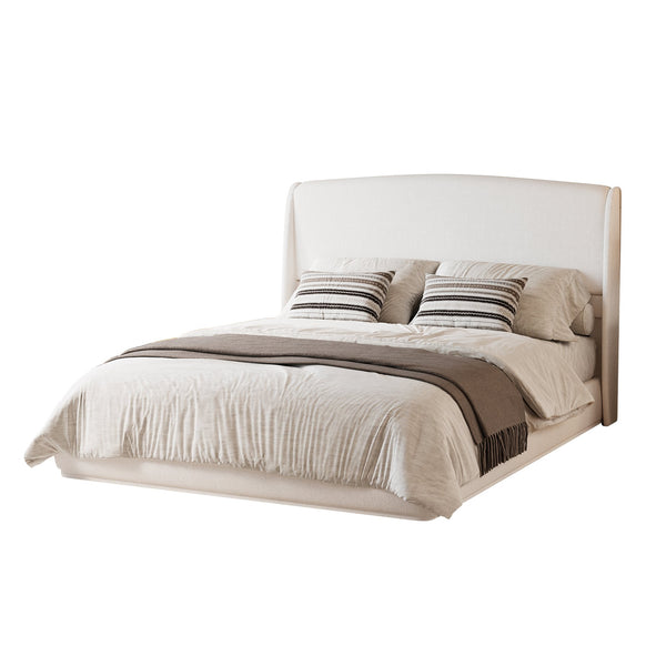 English Elm Upholstered Queen Platform Bed Curved Wingback Linen Headboard Modern Bedroom Frame Beige N733S439498A