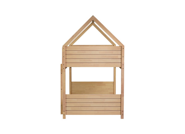 English Elm Twin House Floor Bunk Bed – Charming Rubberwood Design With Safety Guardrails, Ladder & White Oak Finish W504P227973-GIGA