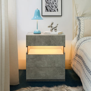 English Elm Led Nightstand with Rgb Acrylic Glow Panel Three Drawers Walnut Bedroom Table Gray W2178P412305
