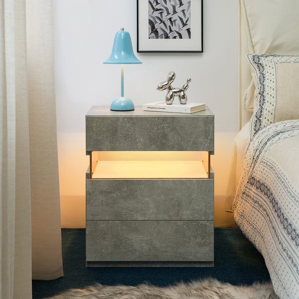 English Elm Led Nightstand with Rgb Acrylic Glow Panel Three Drawers Walnut Bedroom Table Gray W2178P412305