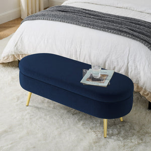 English Elm Ottoman Oval Flannel Storage Bench with Matte Metal Legs for Bedroom or Living Room Dark Blue W487P438630