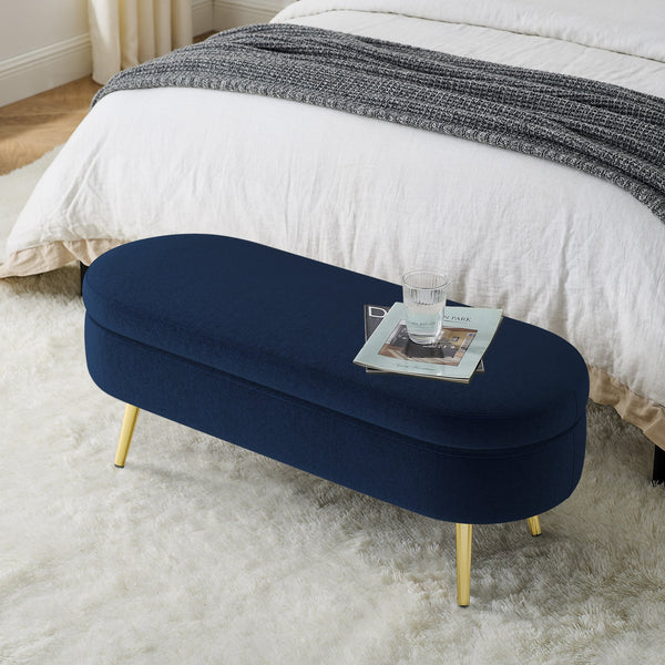 English Elm Ottoman Oval Flannel Storage Bench with Matte Metal Legs for Bedroom or Living Room Dark Blue W487P438630