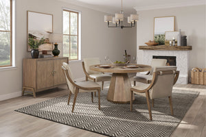 English Elm Round Expandable Dining Table with Pedestal Base, Solid Wood & Mindi Veneer, Elegant Sand Finish Light Brown 58 L x 58 W x 5.75 H B2699S00048