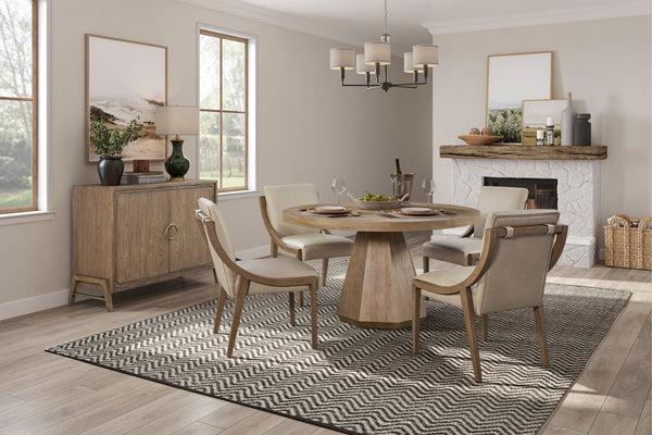 English Elm Round Expandable Dining Table with Pedestal Base, Solid Wood & Mindi Veneer, Elegant Sand Finish Light Brown 58 L x 58 W x 5.75 H B2699S00048