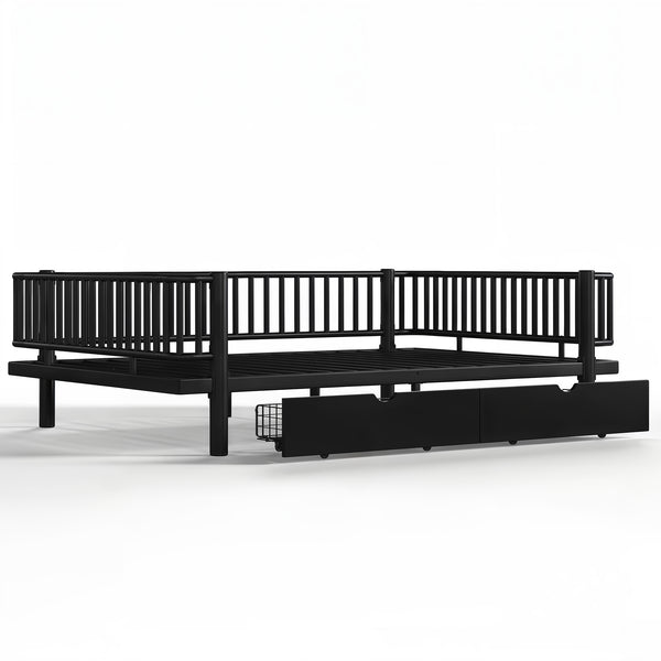 English Elm Queen Storage Platform Bed Low Profile Metal Frame with Built-in Drawers for Small Spaces Black W5305P471352