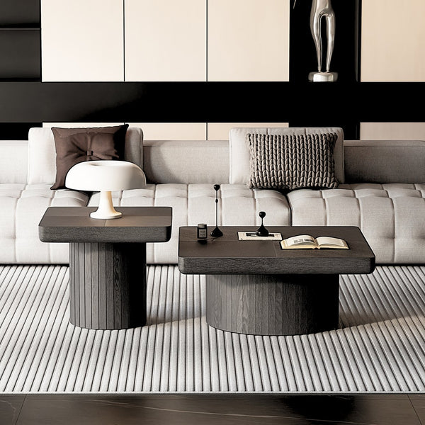 English Elm Modern Parquet Wood Nesting Coffee Tables Sculptural Fluted Pedestal Living Room Set Black W1435S00031