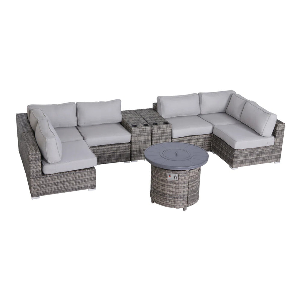 English Elm 9-Piece Luxury Outdoor Sectional Sofa Set with Fire Pit, Plush Cushions, HDPE Wicker in Gray B120S00151