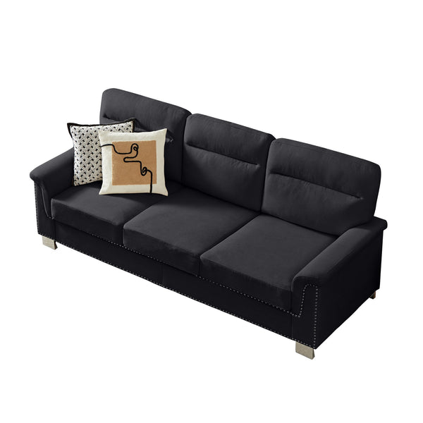 English Elm 82" Chesterfield Snowfleece Upholstered 3-seat Sofa Nailhead Trim Plush Living Room Black W1359P386022