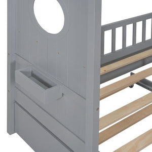 English Elm Wooden Full Size House Bed with Trundle and Built-In Shelves — Modern Pine Frame, Whimsical Roof Design Gray 57.2 L x 16.25 W x 5.9 H N733S316125E