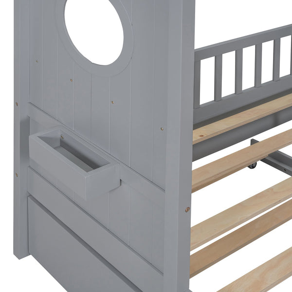 English Elm Wooden Full Size House Bed with Trundle and Built-In Shelves — Modern Pine Frame, Whimsical Roof Design Gray 57.2 L x 16.25 W x 5.9 H N733S316125E