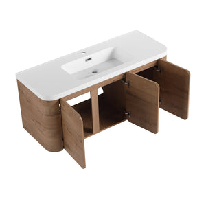 English Elm 48" Floating Bathroom Vanity Dual Ceramic Vessel Sinks Oak Finish Soft Close Doors W999S00507