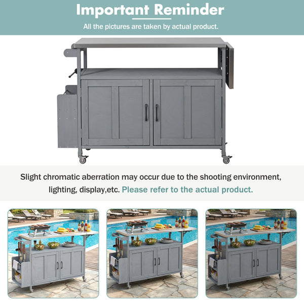 English Elm Foldable Outdoor Kitchen Cart with Stainless Worktop Fir Wood Frame and Lockable Wheels Grey N719P380279E